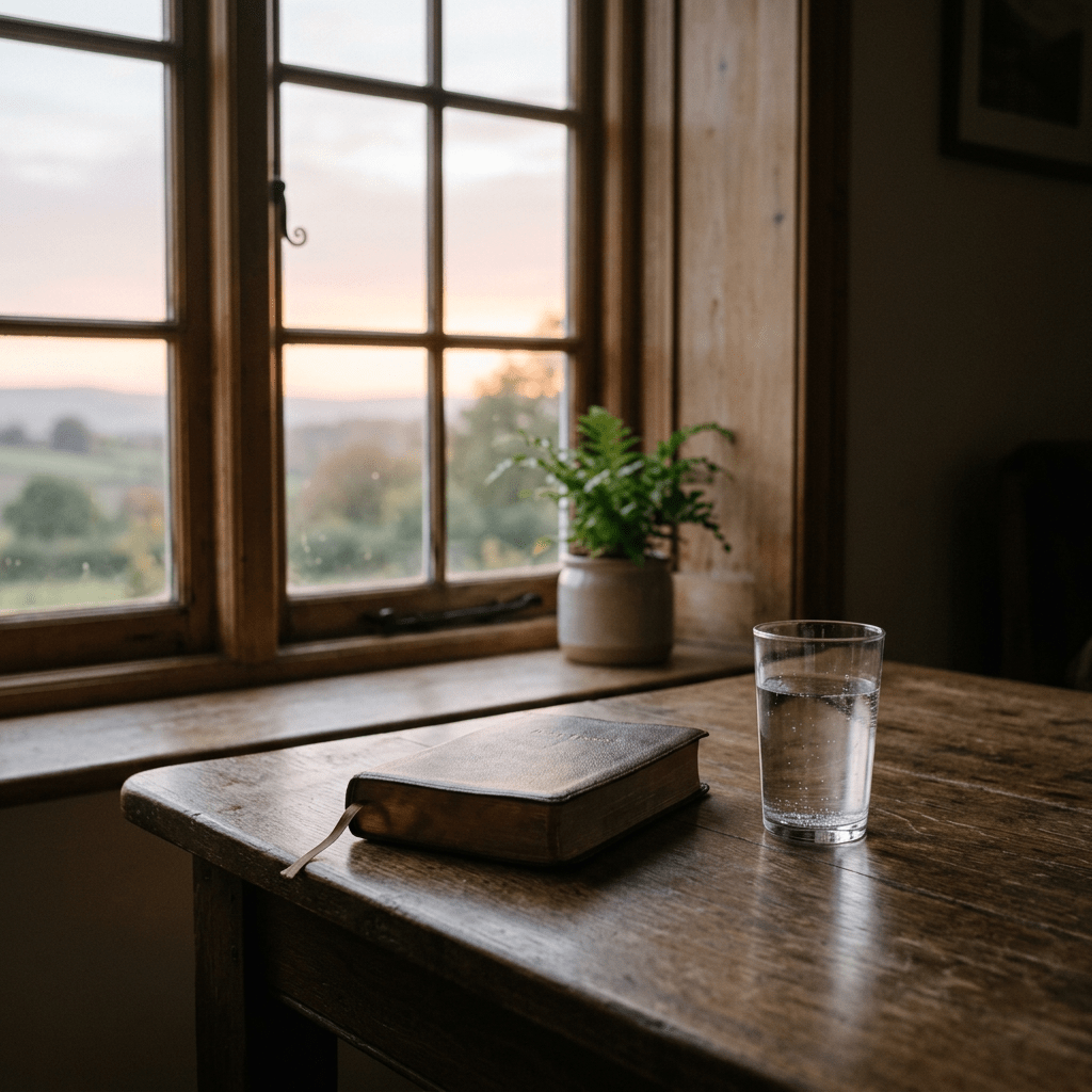 Closed book and glass of water on wooden table by window